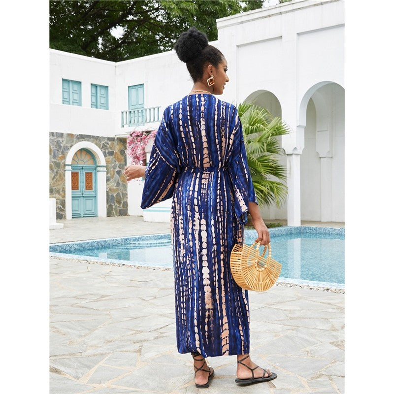 Long Sleeve Printing Waist Tied Casual Loose Long Cardigan Beach Bikini Cover-Up