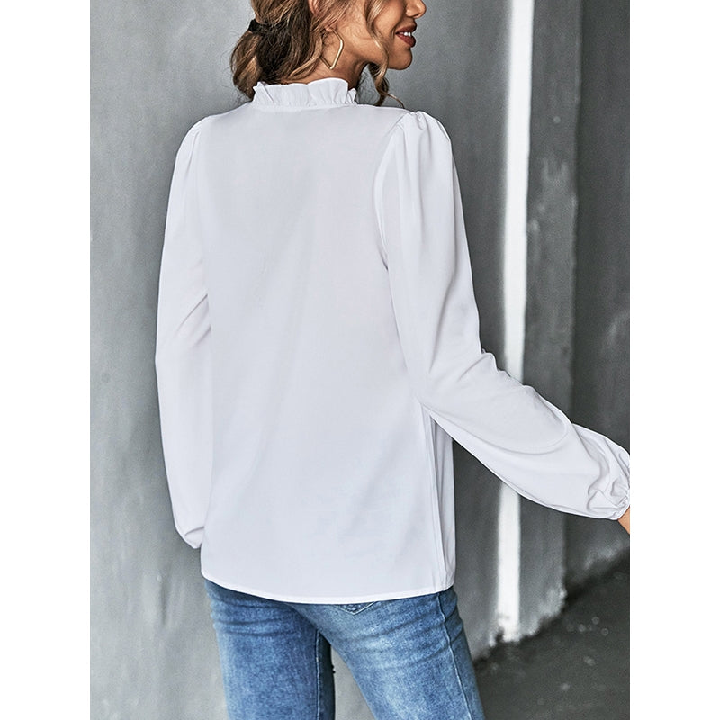 Long Sleeves Loose Ruffled Solid Color V-Neck Blouses&Shirts Tops