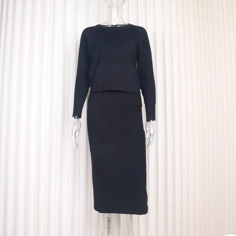 Solid Color Short Top Split Skirt Knit Sets