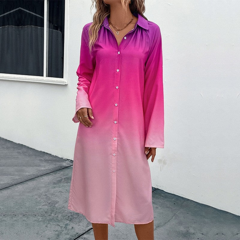 Loose Lapel Cardigan Buttoned Ombre Dress