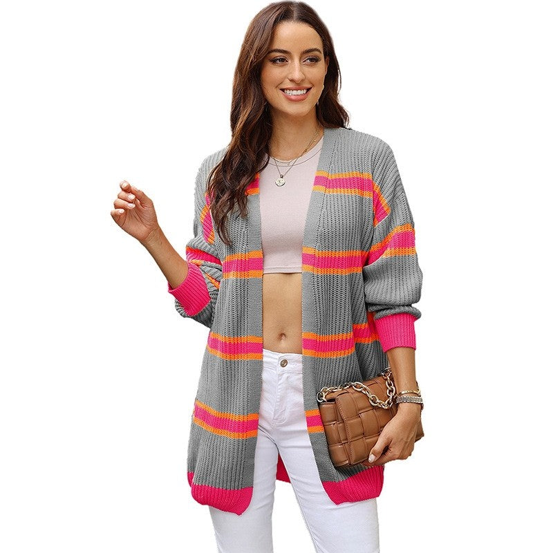 Long Striped Open Front Cardigan Sweater Casual Loose Fit