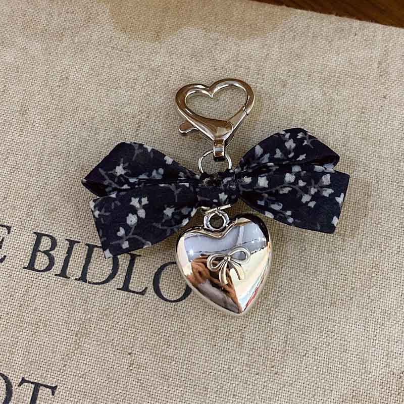 Elegant Floral Print Bow Heart Keychain Charms