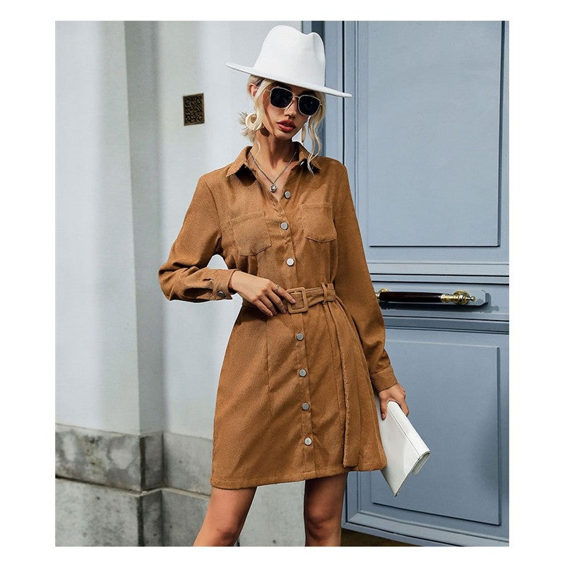 Shirt Style Lapel Long Sleeve Corduroy Dress