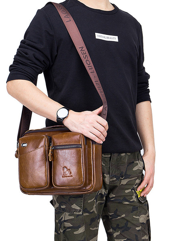 Men Zipper Leather Solid Multi-layer Pocket Crossbody Bag
