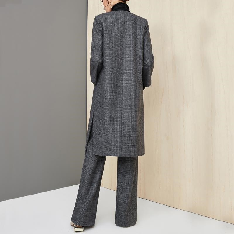 Women's Long Wool Coat And Wide Leg Pants Set