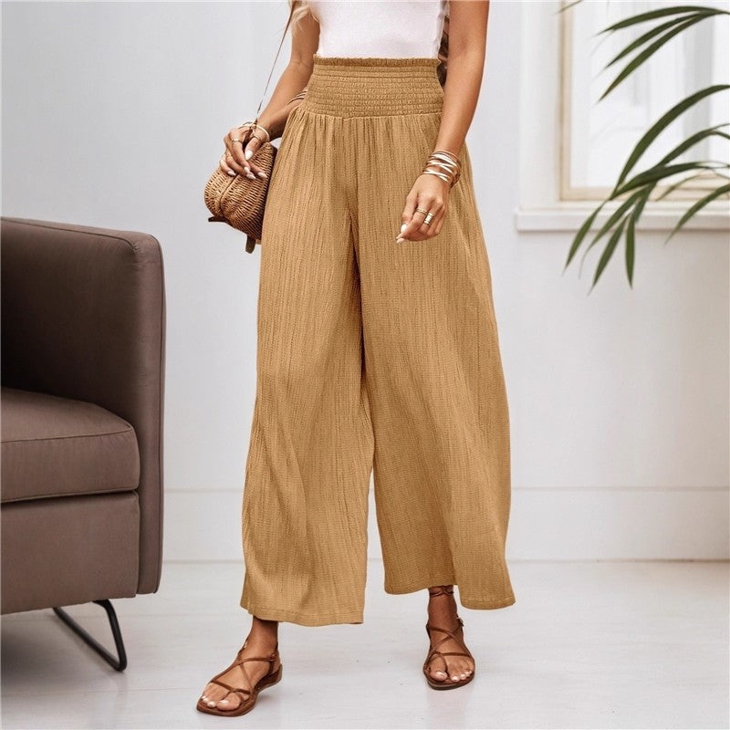 Elastic High Waist Pleated Wide Leg Pants