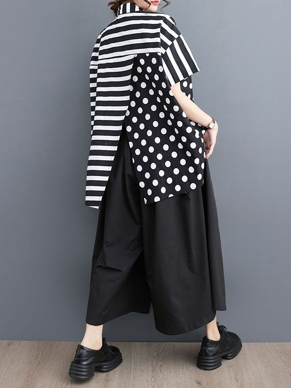 Loose Short Sleeves Buttoned Contrast Color Pockets Polka-Dot Split-Back Split-Joint Striped Lapel T-Shirts Tops