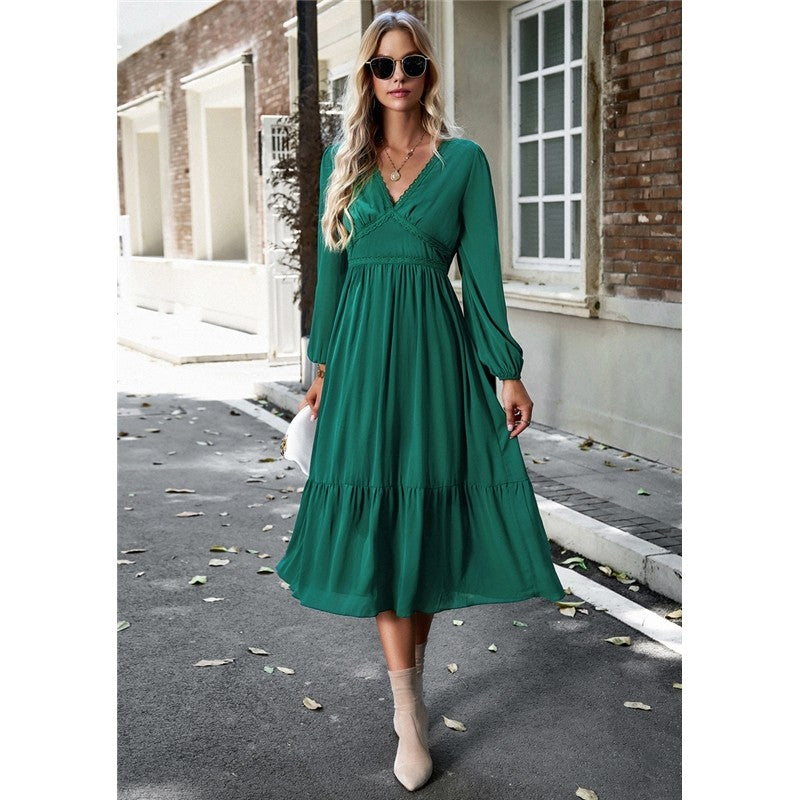 High Waist Solid Color V-Neck Dress