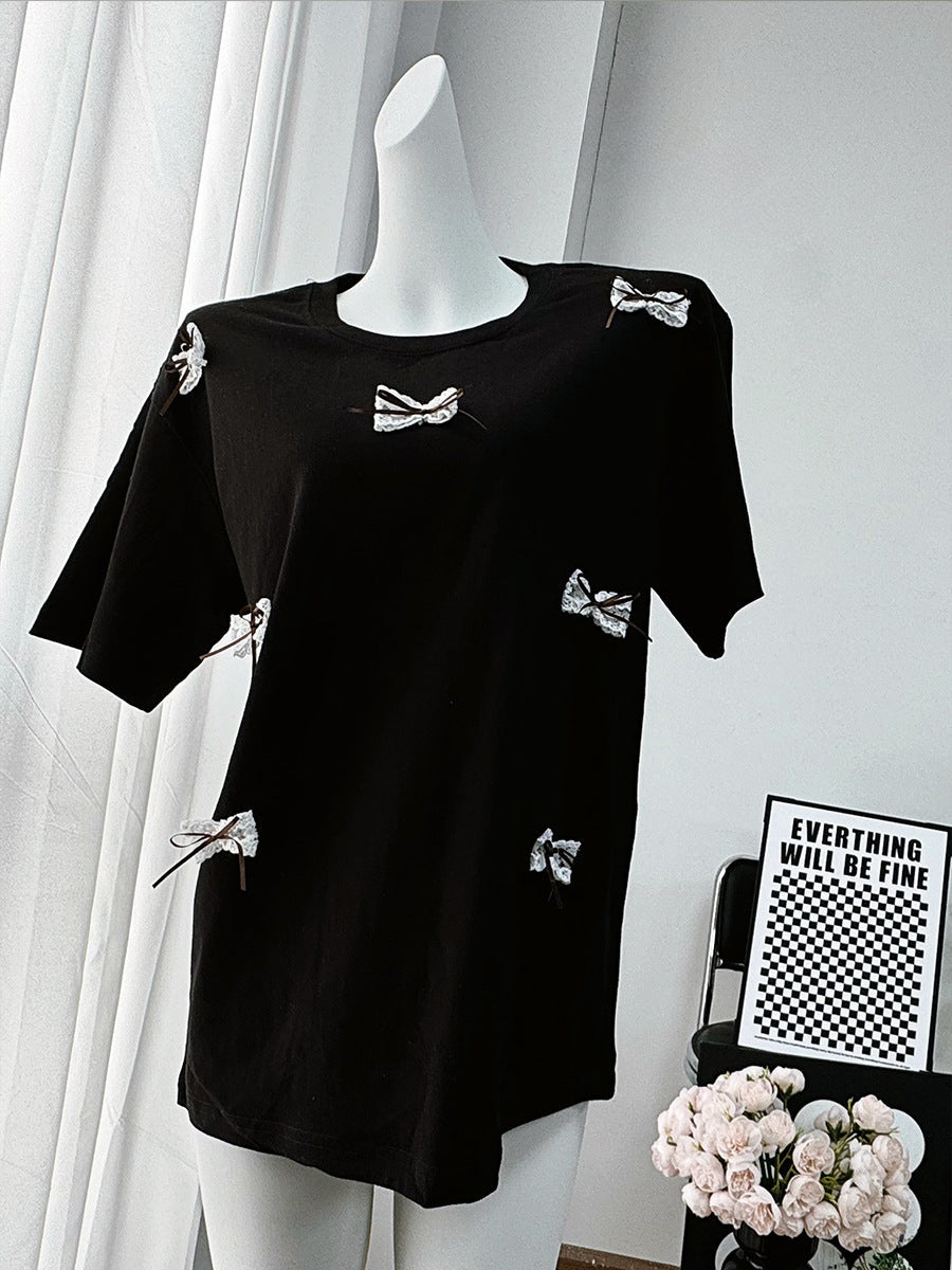 Simple Bow Round Neck Short Sleeves Top