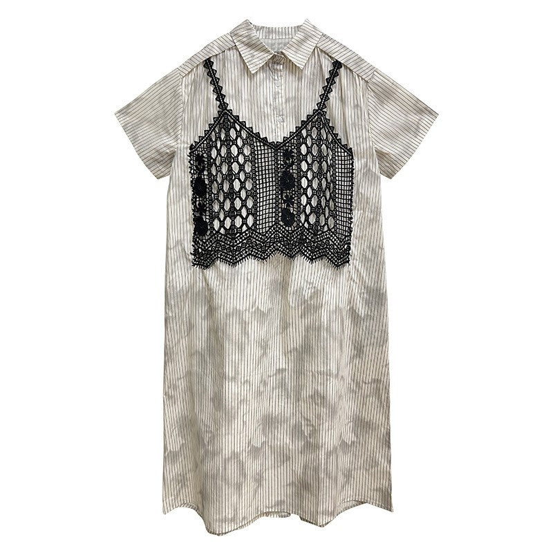 Lace Trim Polo Collar Short Sleeve A Line Dress