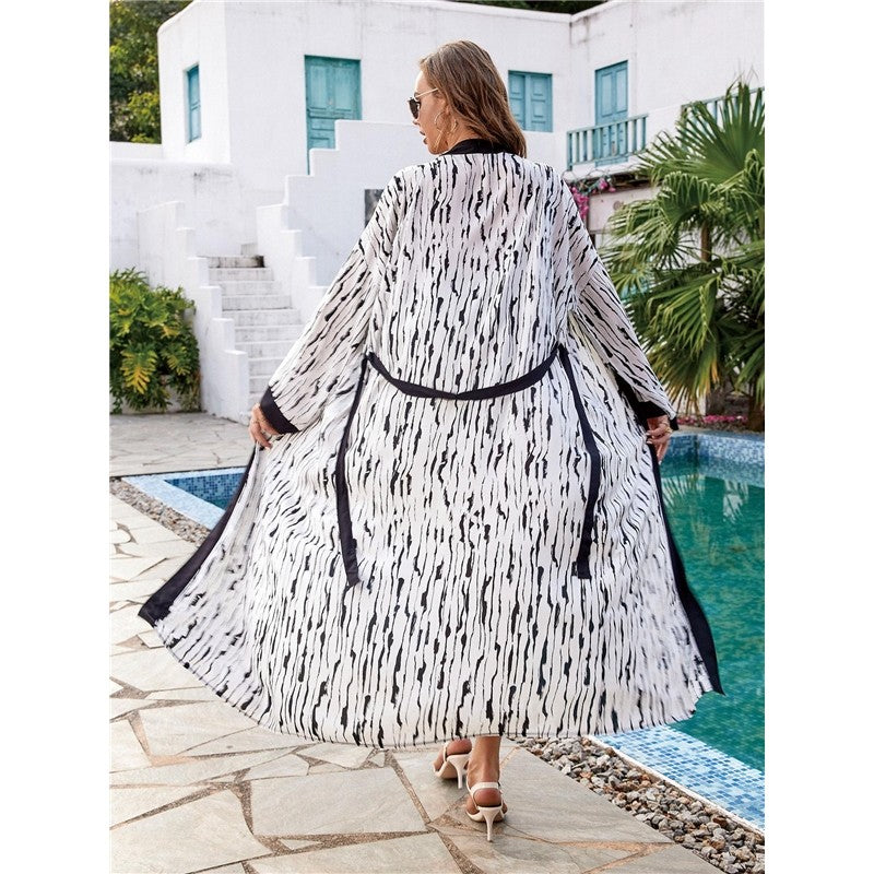 Contrast Color Printing Long Sleeve Belted Casual Loose Long Beach Cardigan Bikini Cover-Up