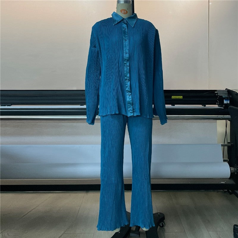 Printed Pleated Long Sleeve Long Pants Set