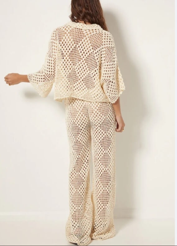 Solid Color Plaid Hollow Out Knit Beach Set