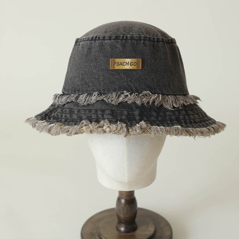 Denim Washed Distressed Frayed Bucket Hat