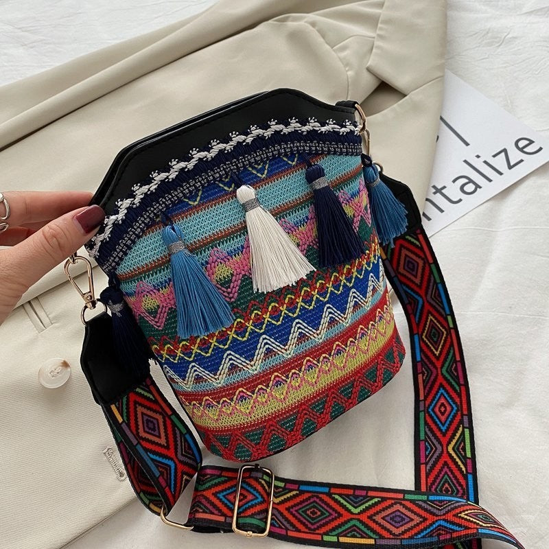 Print Soft Tasseled Multicolored One Shoulder Bag