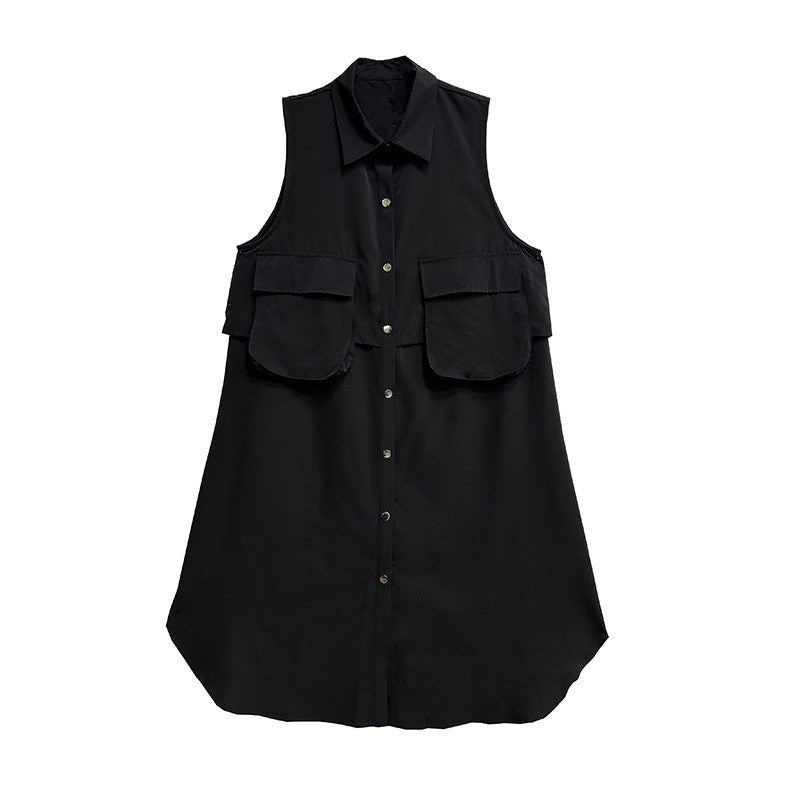 Polo Collar Vest Dress With Large Pocket