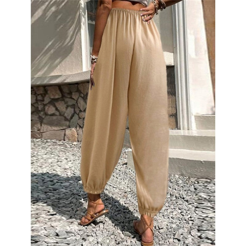 Elastic Waist Solid Color Baggy Pants