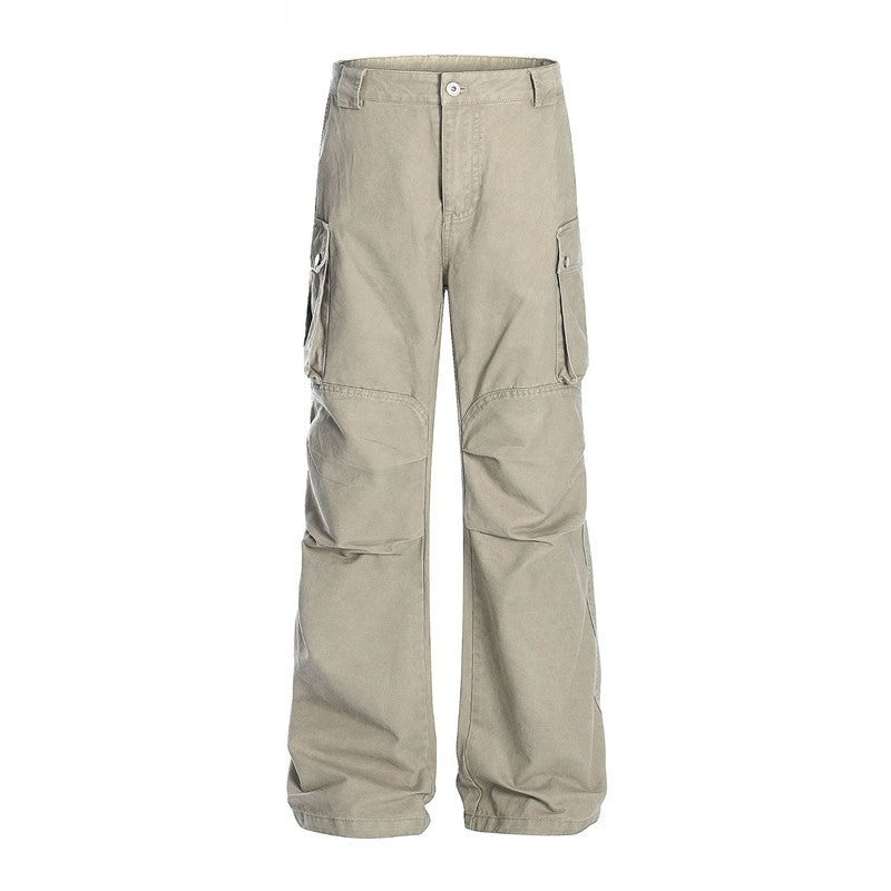 High Street Straight Cargo Pants Multi Pocket Pleated Slim