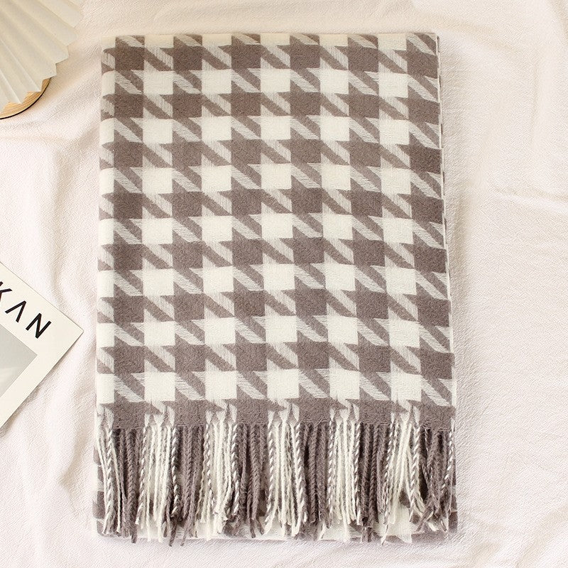 Houndstooth Imitated Cashmere Tassled Shawl Scarf