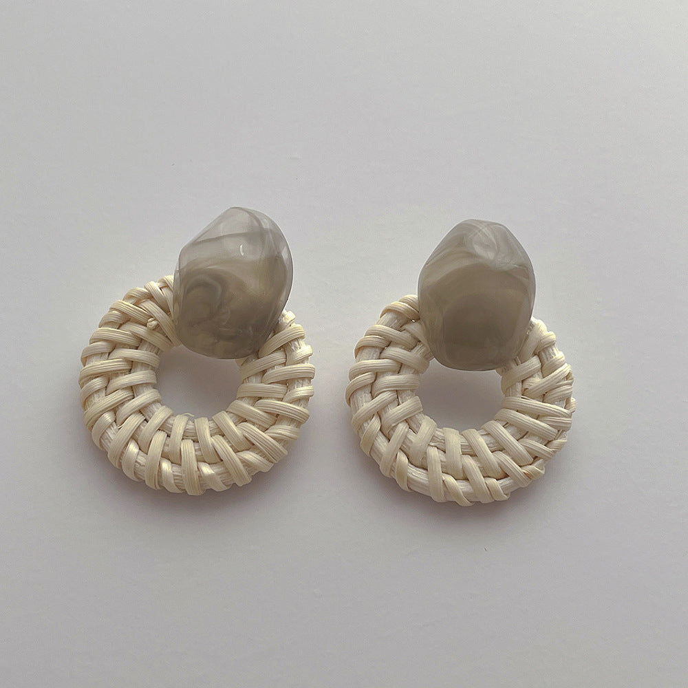 Vintage Handmade Rattan Round Drop Earrings