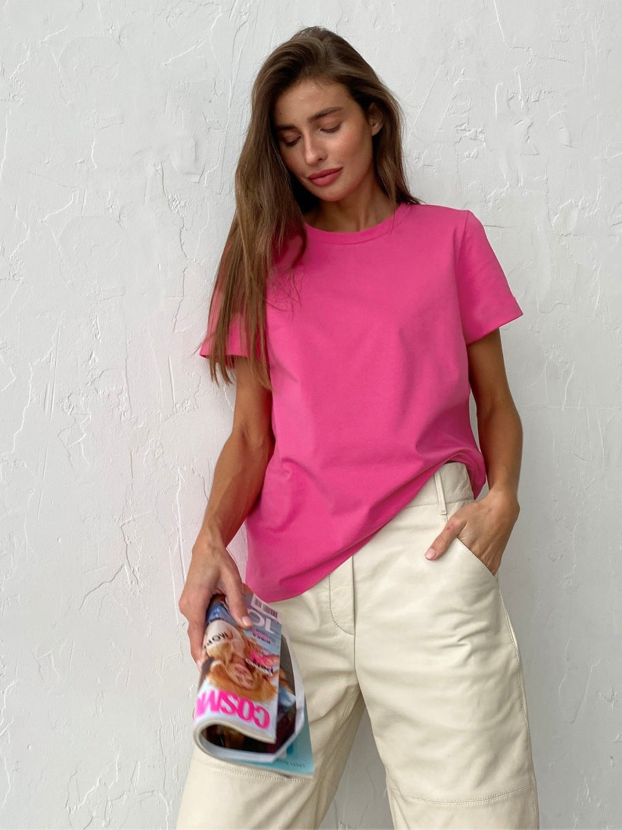 Solid Color Round Neck Loose Short Sleeves Top