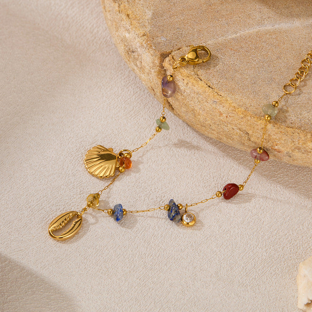 Colorful Stone Shell Pendant Zirconia Chain Bracelet