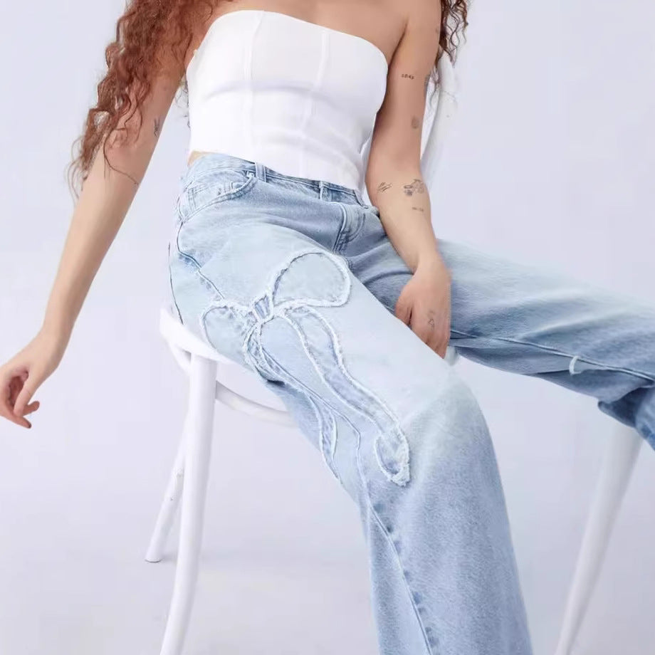 Bow Embroidered Loose Straight Leg Jeans