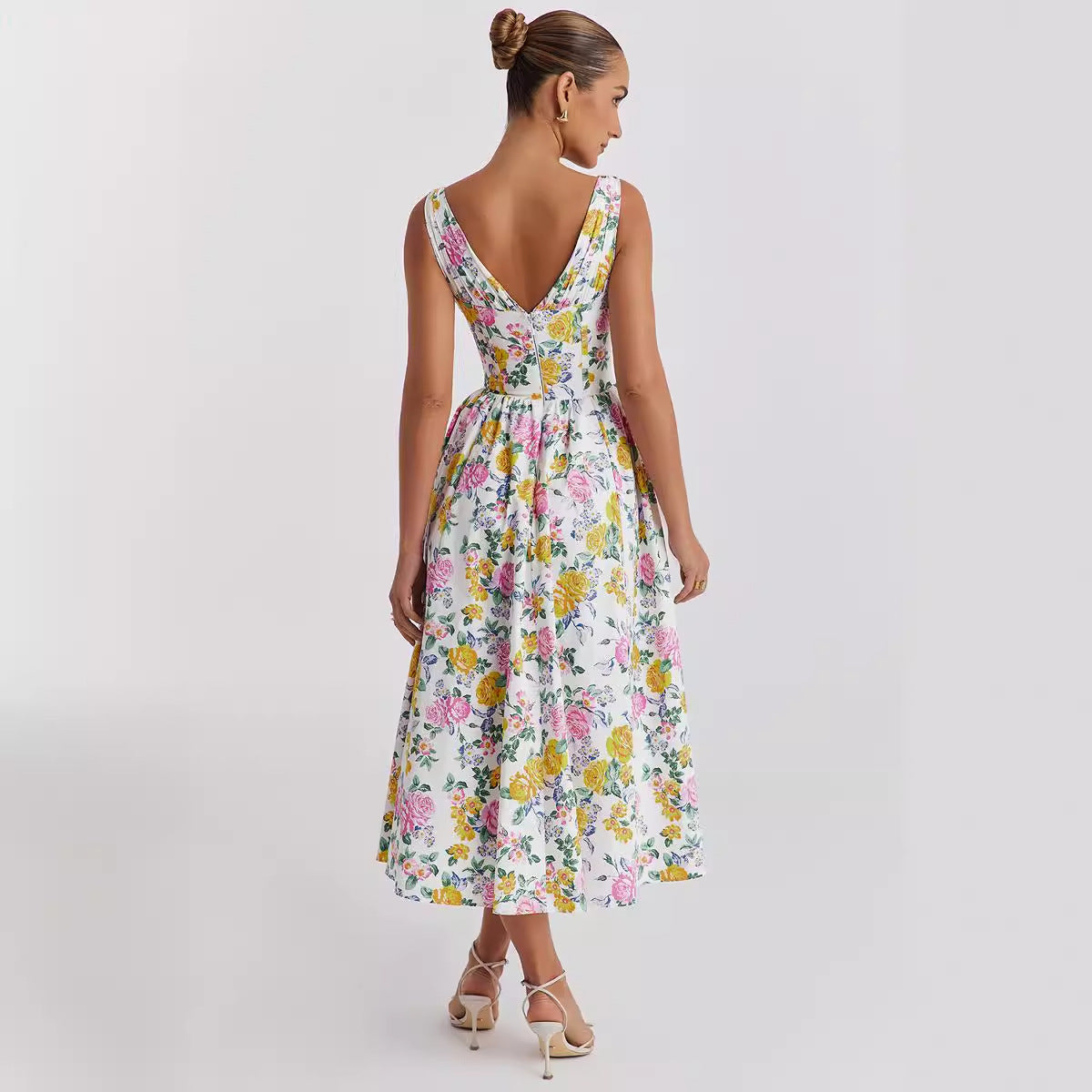 V-Neck Slim Sleeveless Floral Print Midi Dress