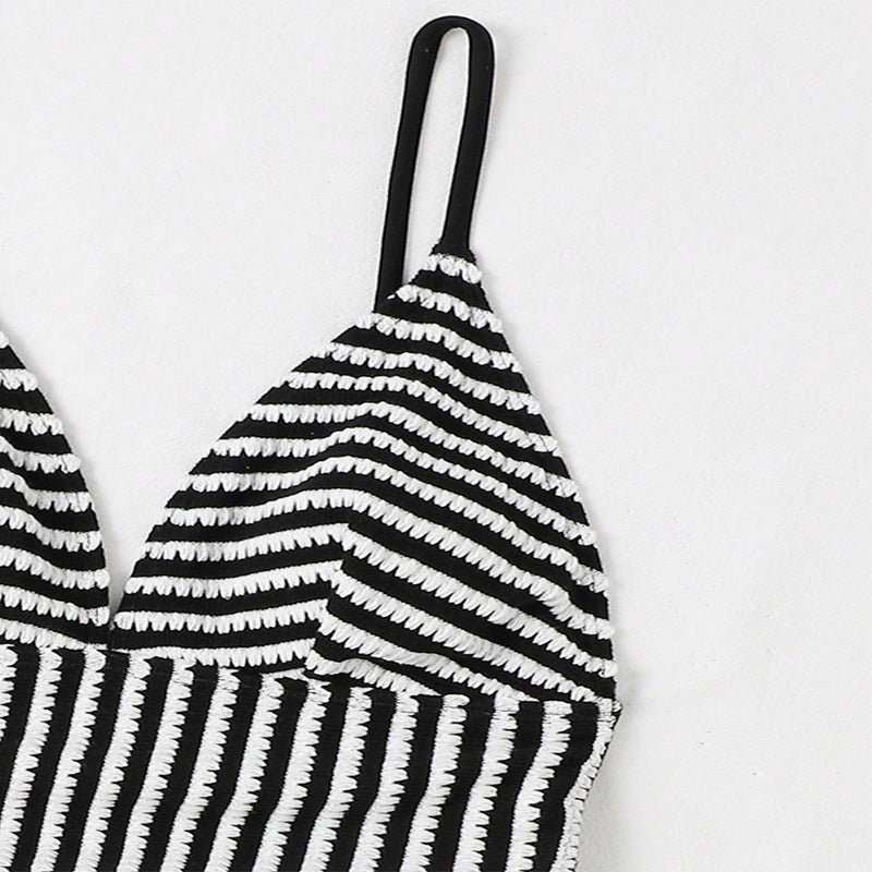 Striped V-Neck Drawstring Sexy One Piece Swimwear