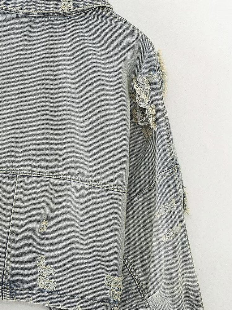 Trendy Ripped Denim Long Sleeve Cropped Jacket