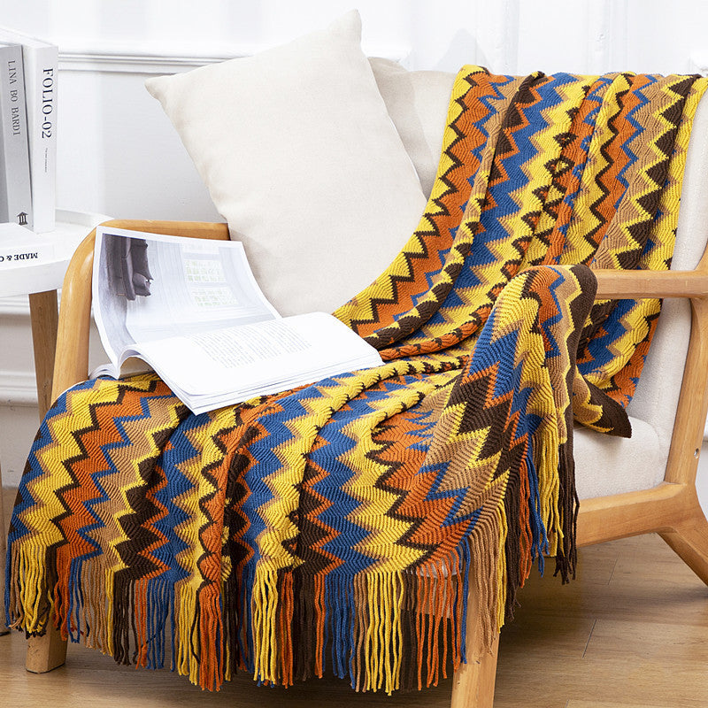 Boho Tassel Knit Color Block Throw Blanket