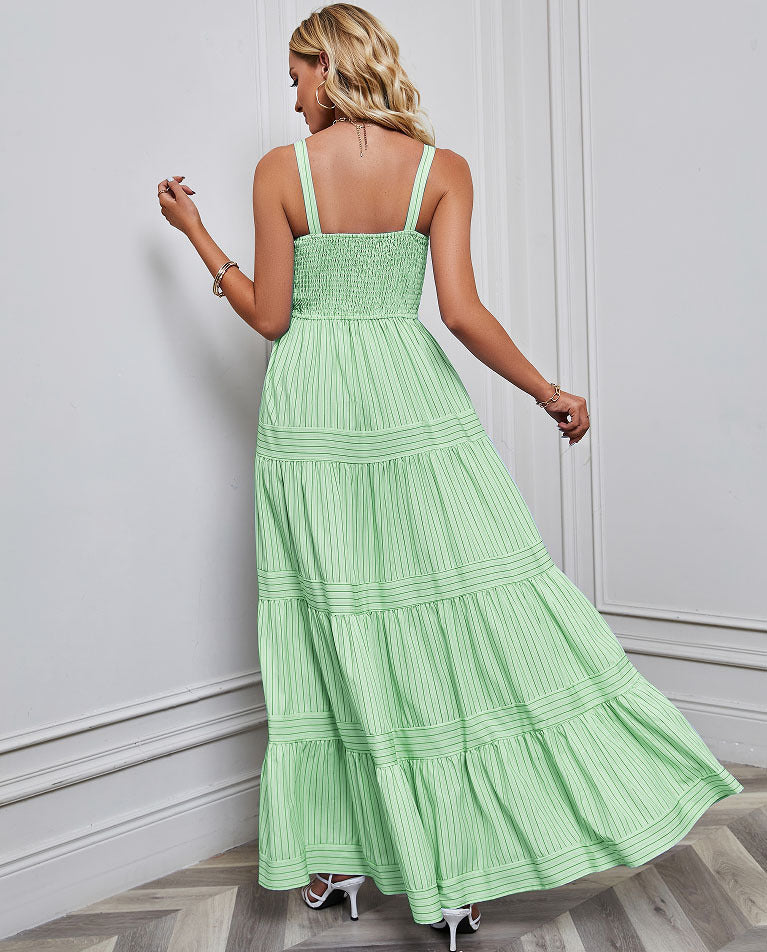 Solid Color Striped Spaghetti Long Dress