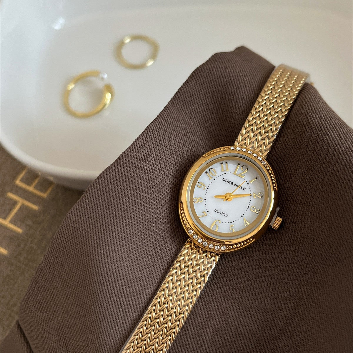 Vintage Crystal Bezel Oval Quartz Watch
