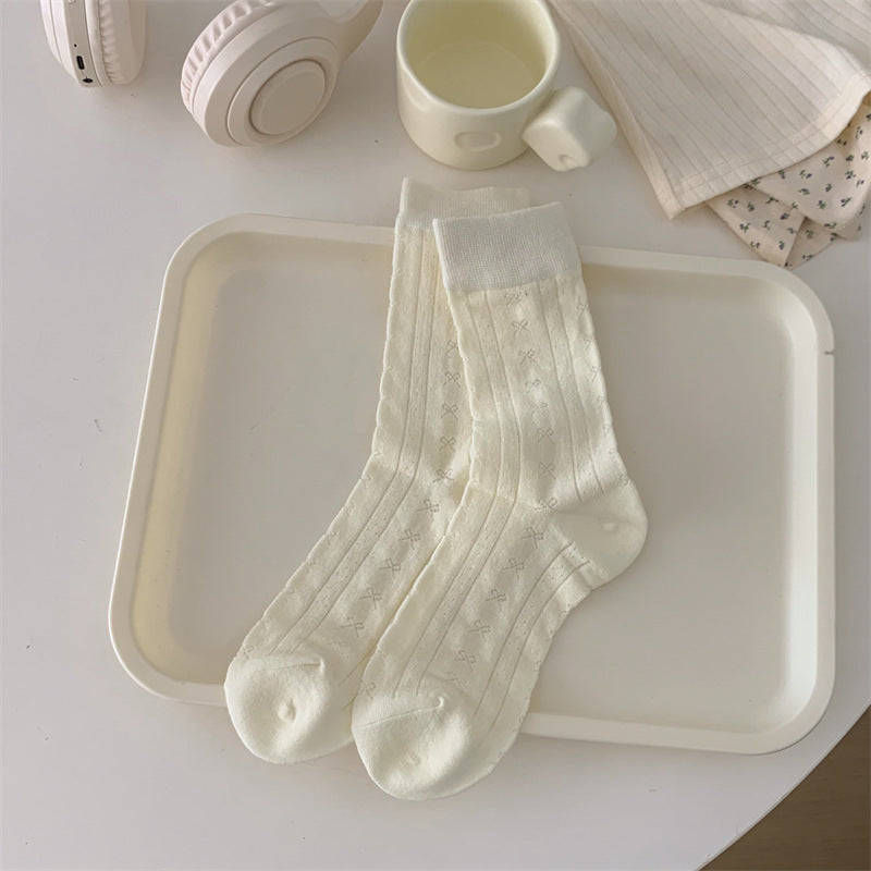 Solid Color Bow Hollow Mesh Thin Socks