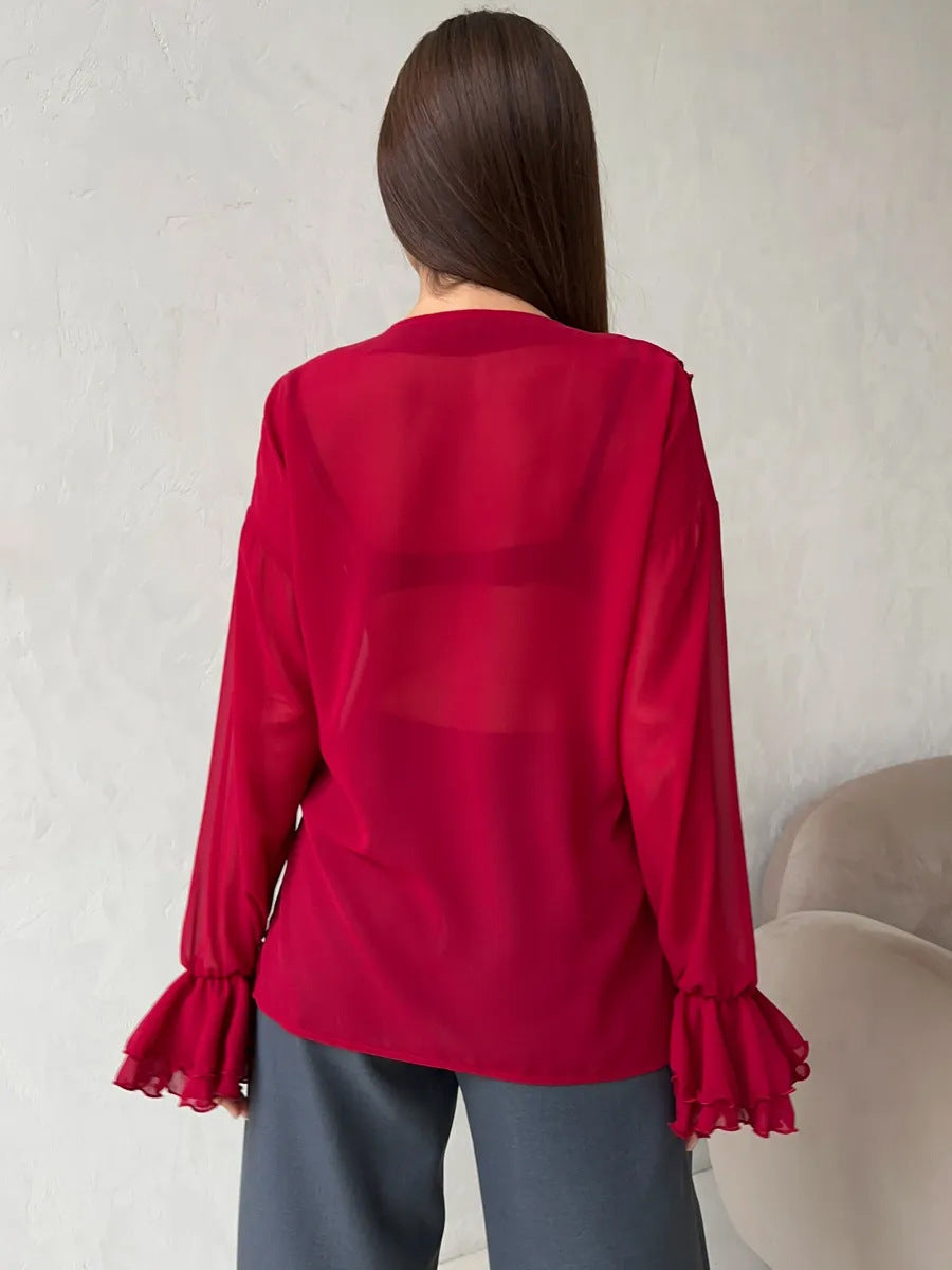 Ruffle V-Neck See Through String Tops