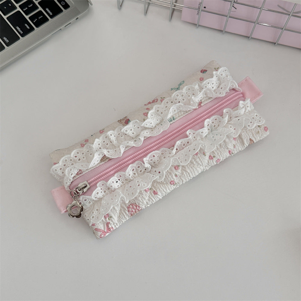 Lace Trim Cotton Quilted Pencil Pouch