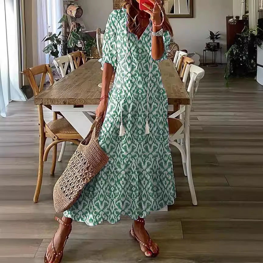 V-Neck Print Mid Sleeves Long Dresses