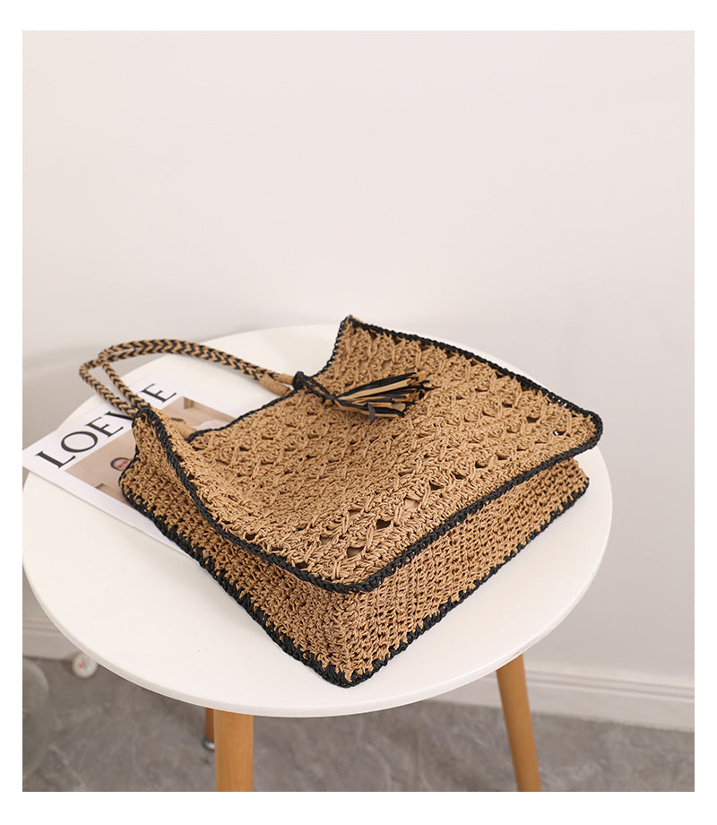 Tassel Color Block Hollow Out Woven Tote Bag