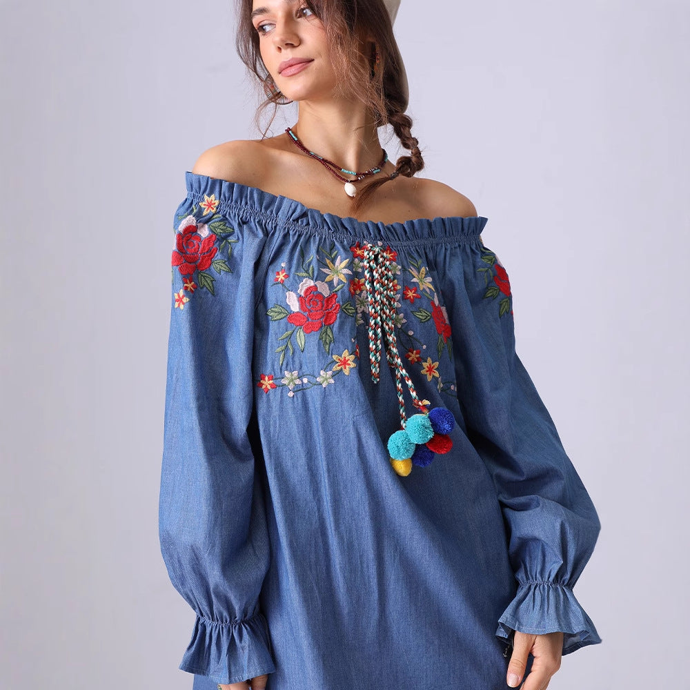 Off Shoulder Flower Embroidered Mid Denim Dress