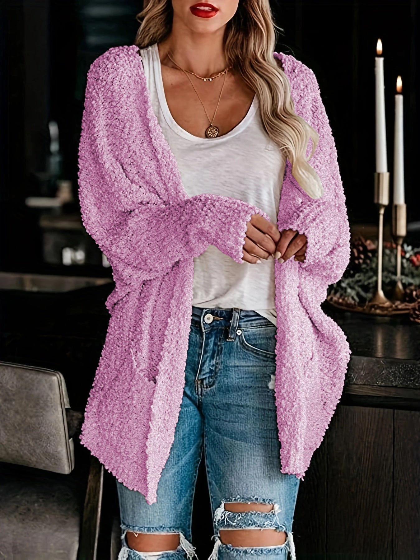 Solid Color Open Front Cozy Long Cardigan