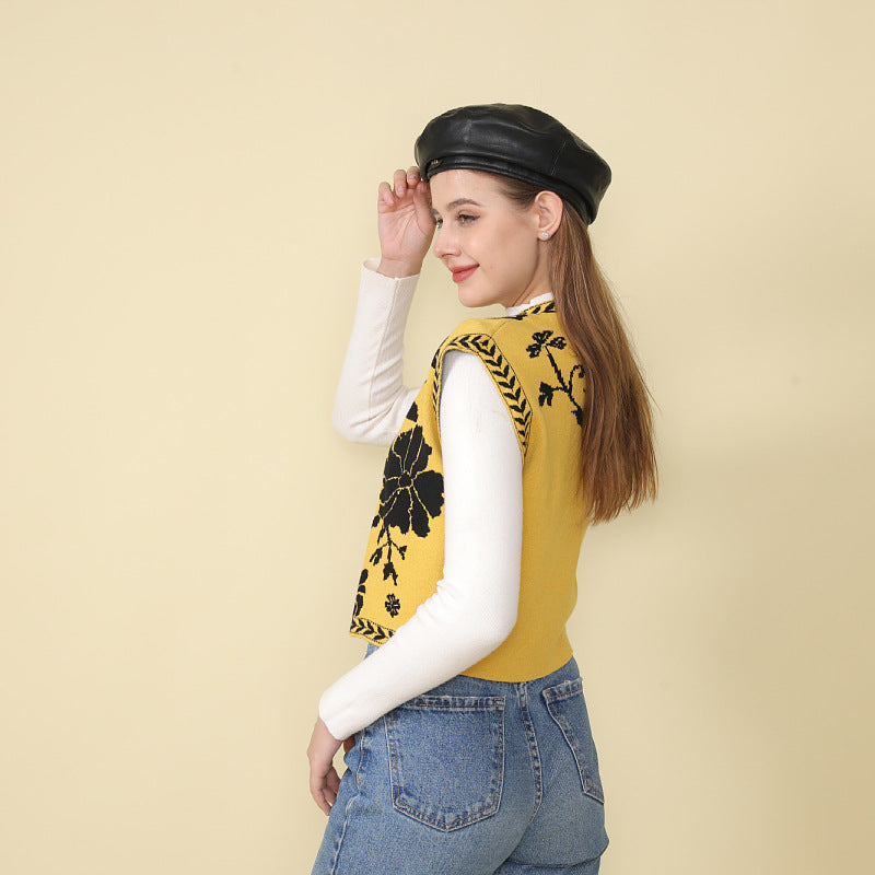 Sexy Jacquard Sleeveless Open Front Knit Vest