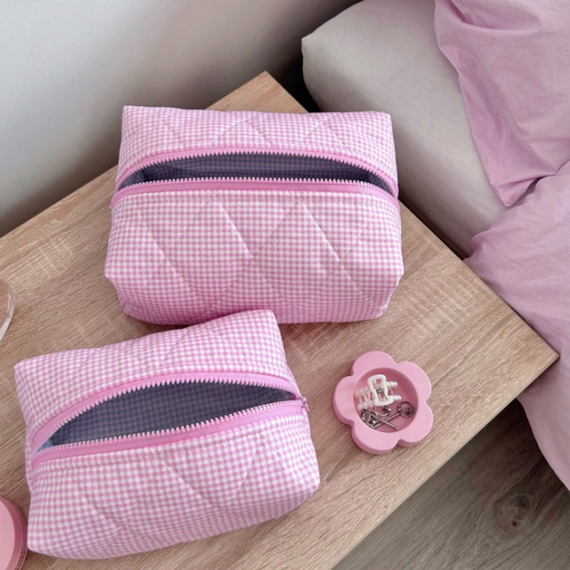 Pink Plaid Sweet Large Capacity Make Up Bag