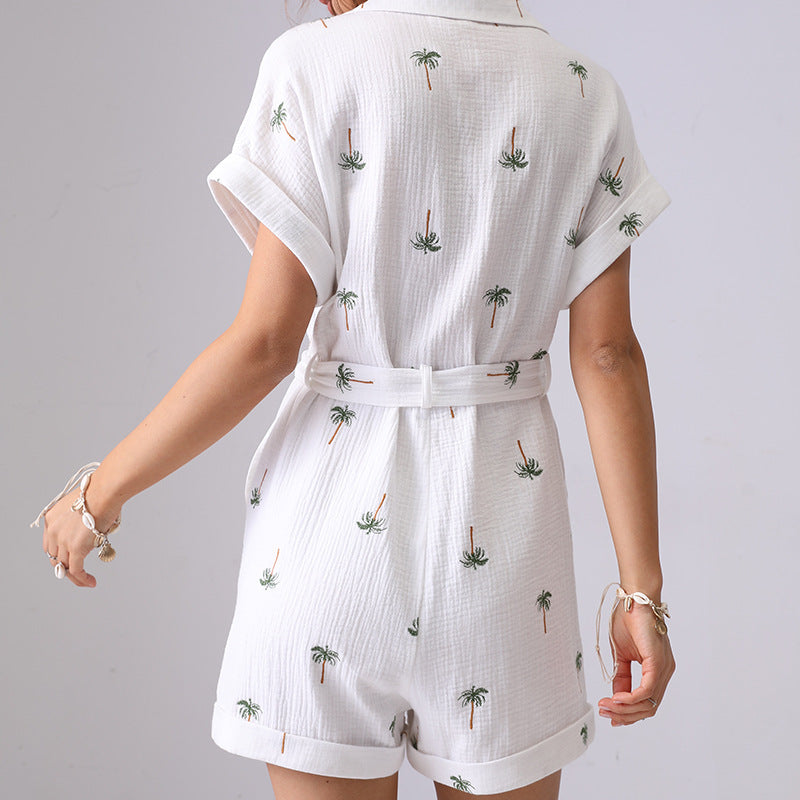 Tree Embroidered String Pockets Lapel Romper