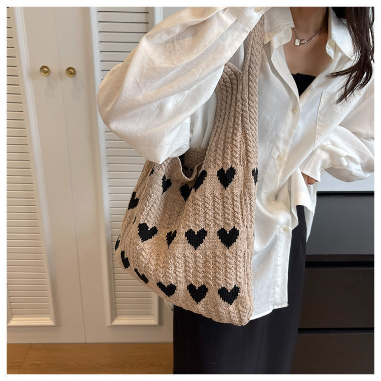 Love Print Color Block Simple Knit Shoulder Bag