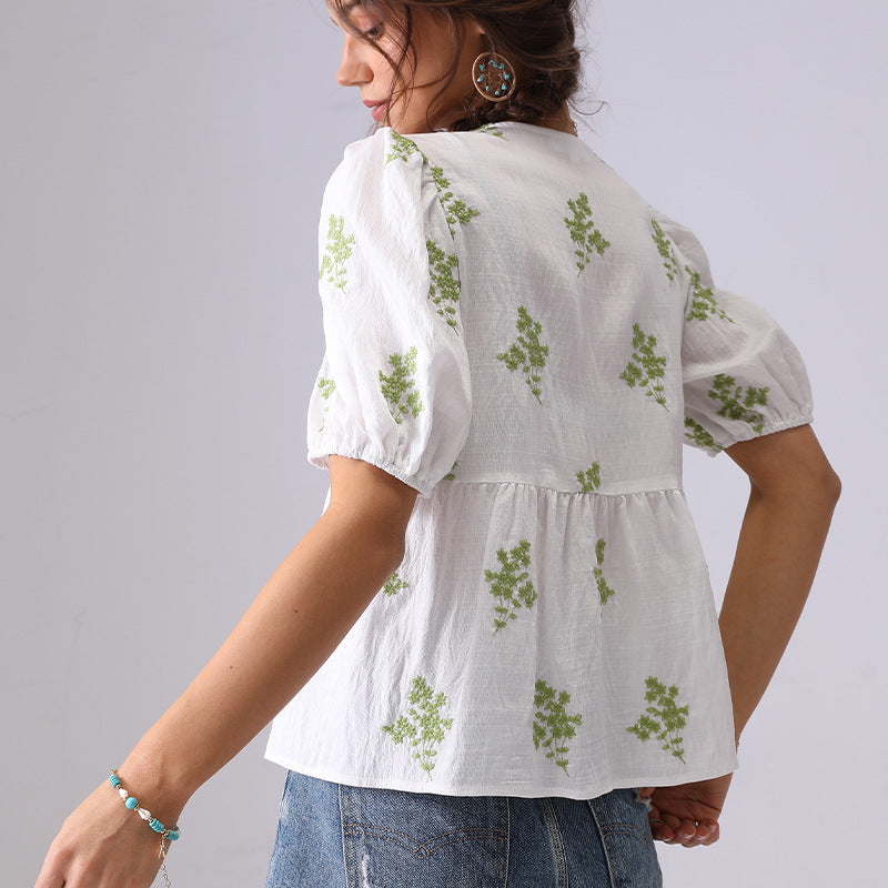 Floral Embroidered V-Neck Puff Sleeves Shirt