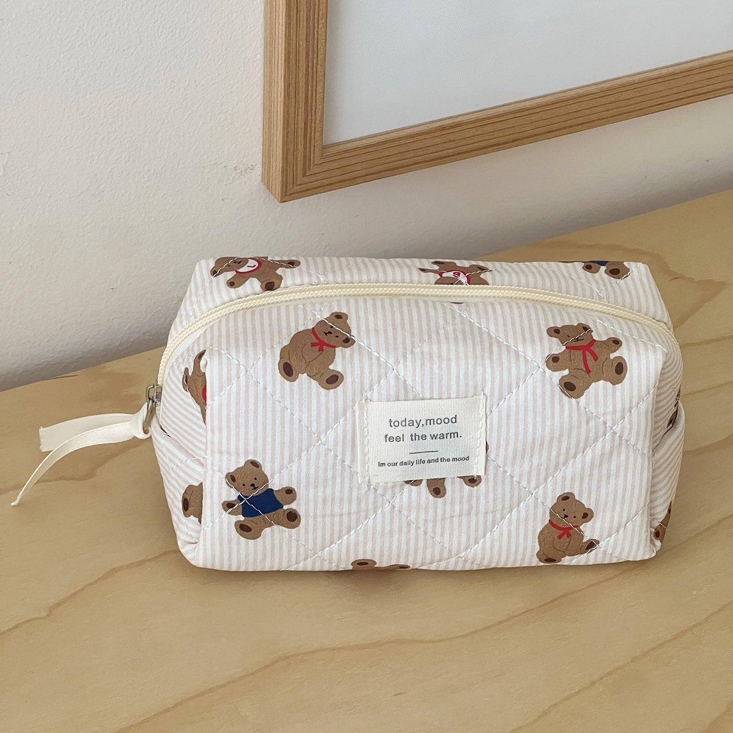 Cute Bear Print Striped Make Up Bag