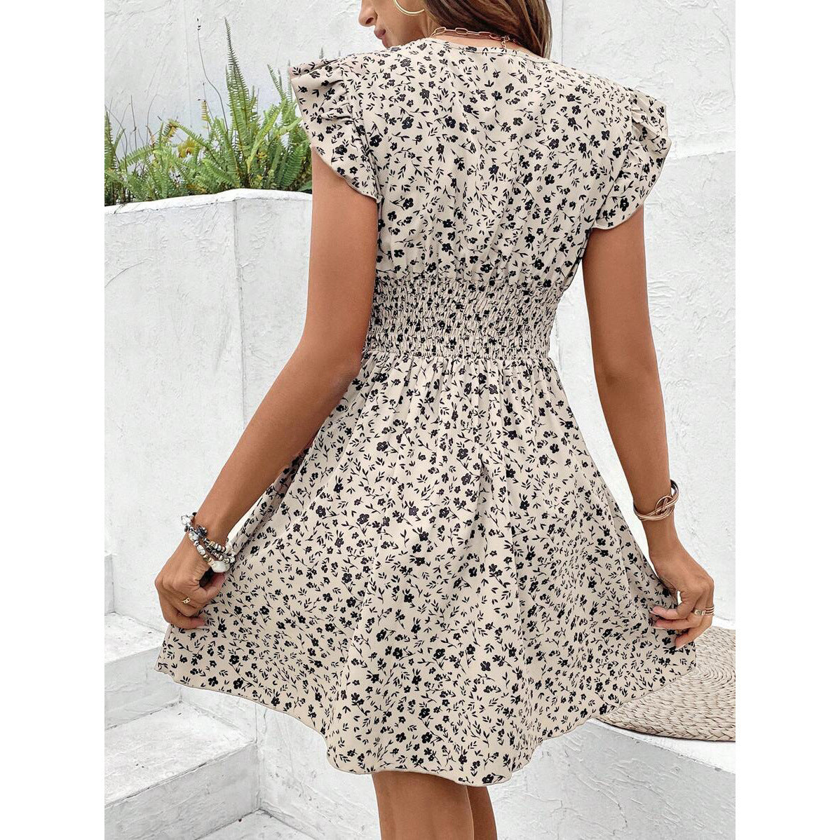 Floral Print Ruffle Cap Sleeve Midi Dress