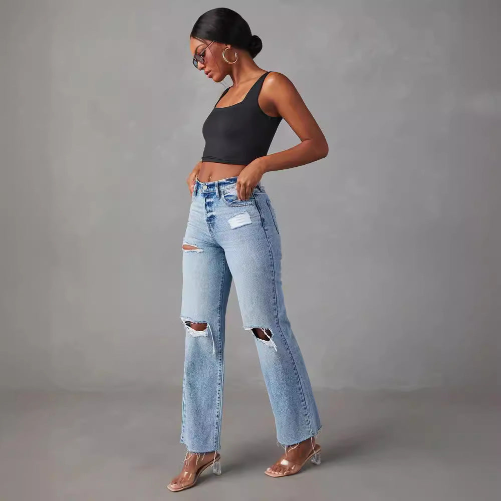 Ripped Denim Pant Straight Leg High Waist Jeans