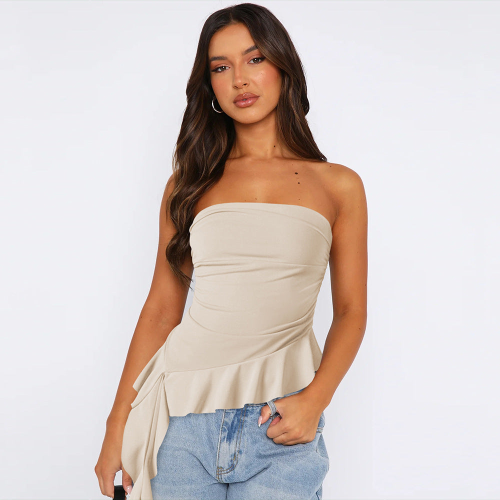 Solid Sexy Flounce Strapless Slim Top