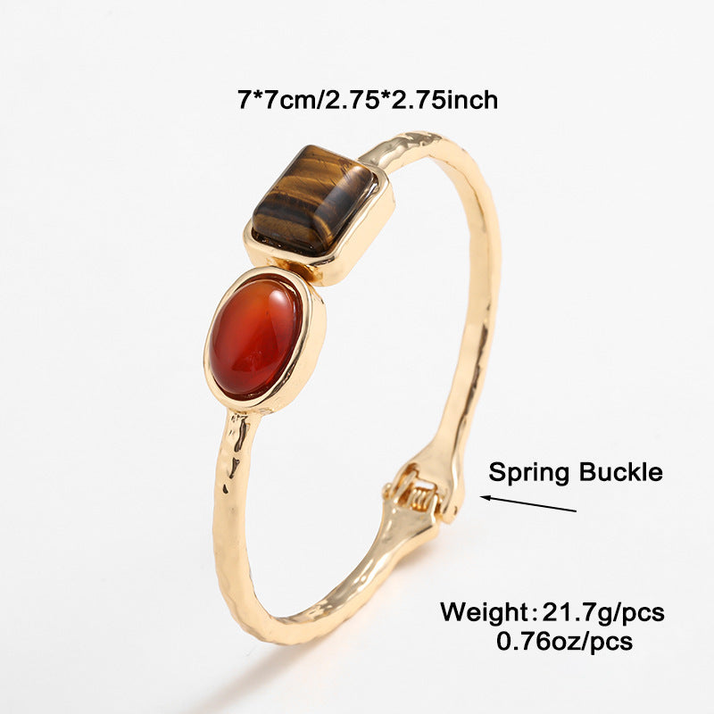 Boho Tiger Eye Stones Gold Cuff Bracelet